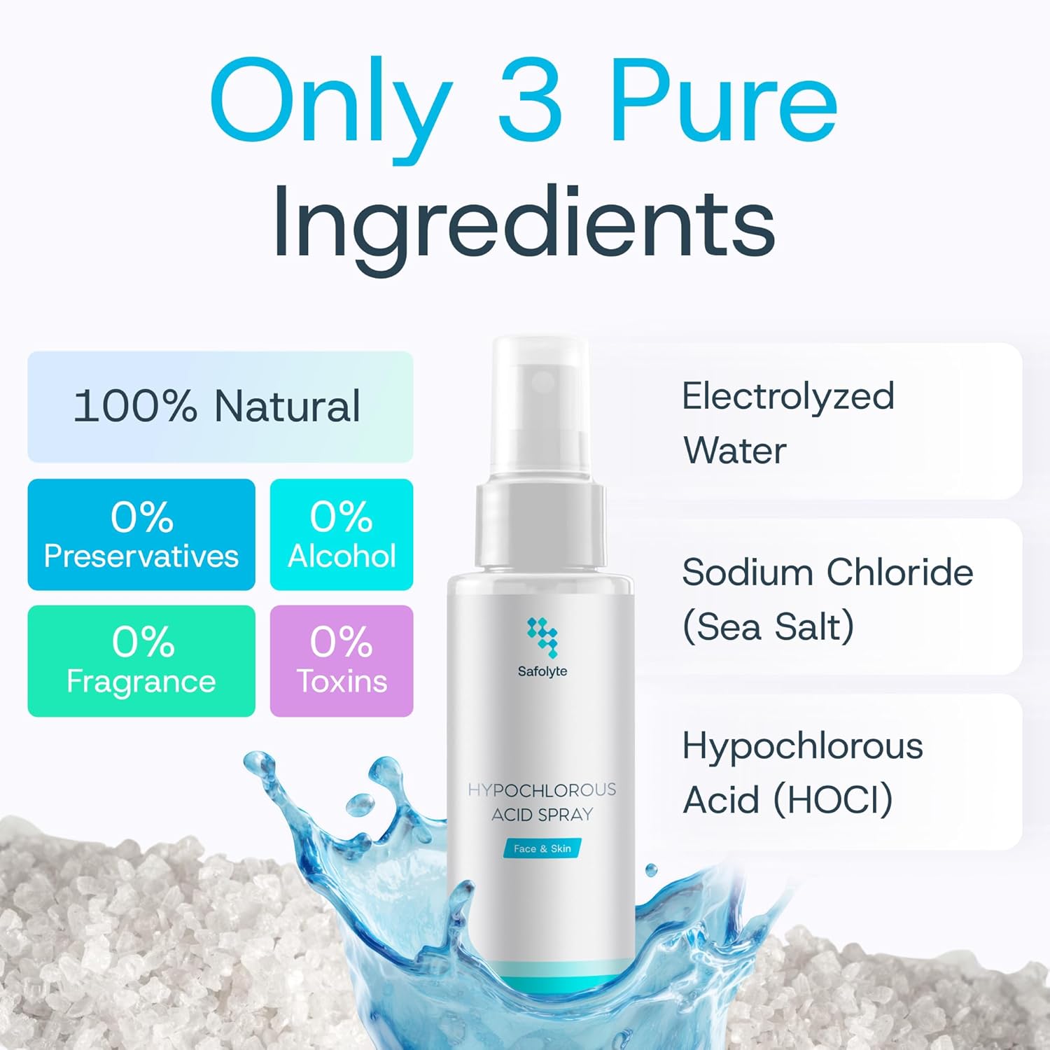 Only 3 pure ingredients — electrolyzed water, sodium chloride, hypochlorous acid