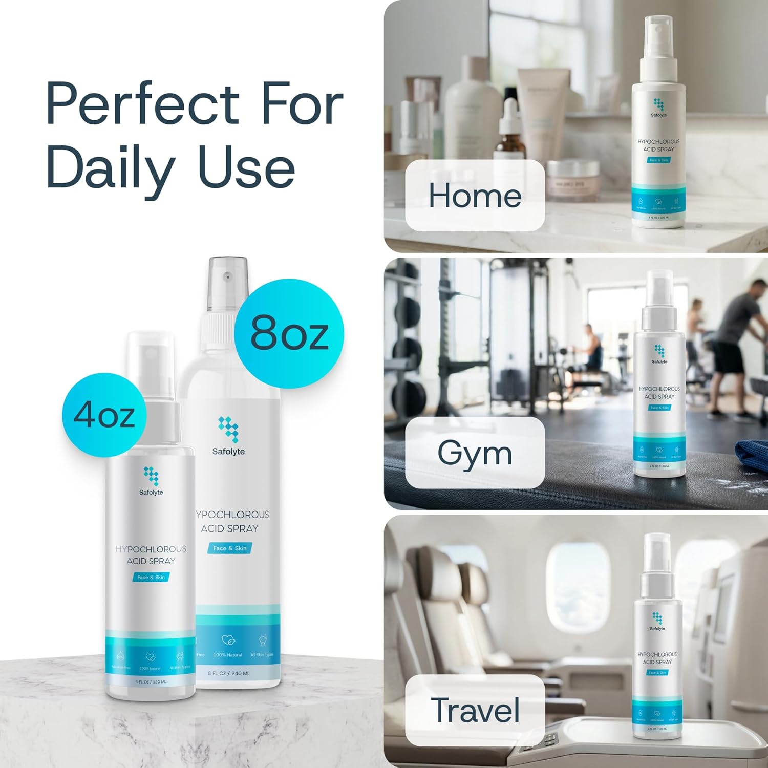 Perfect for daily use — home, gym, travel. Available in 4oz and 8oz